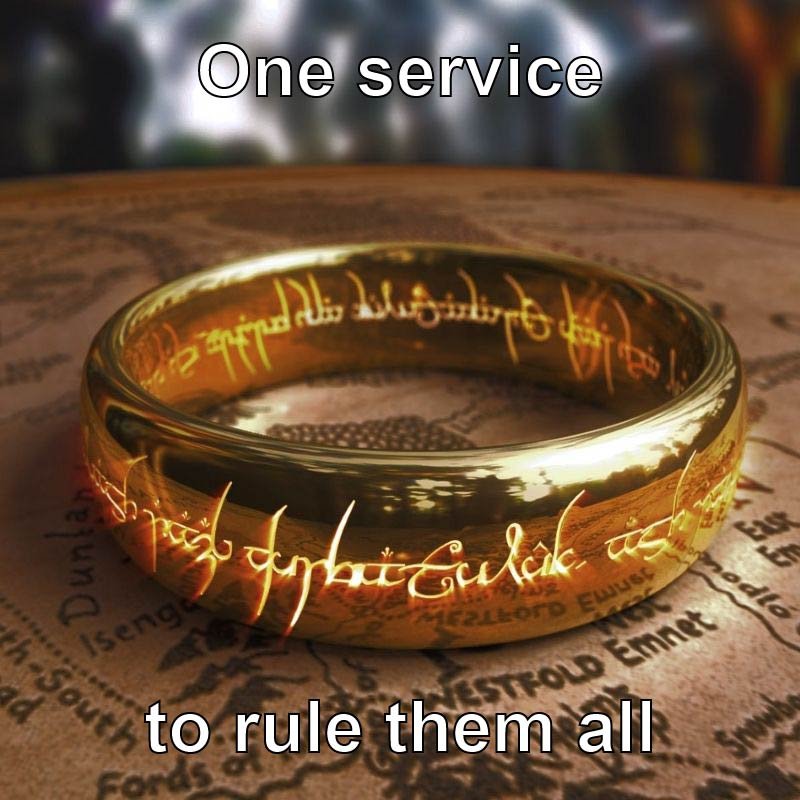 A picture of the one ring from Lord of the Rings, with the words "One service to rule them all" over the top