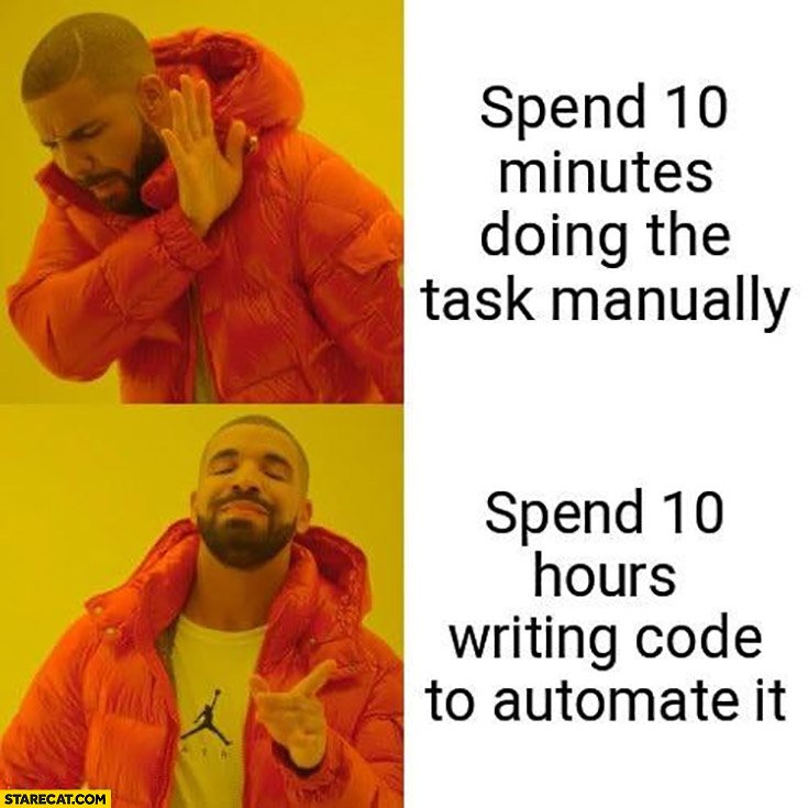 Spend 10 minutes doing the task manually vs Spend 10 hours writing code to automate it